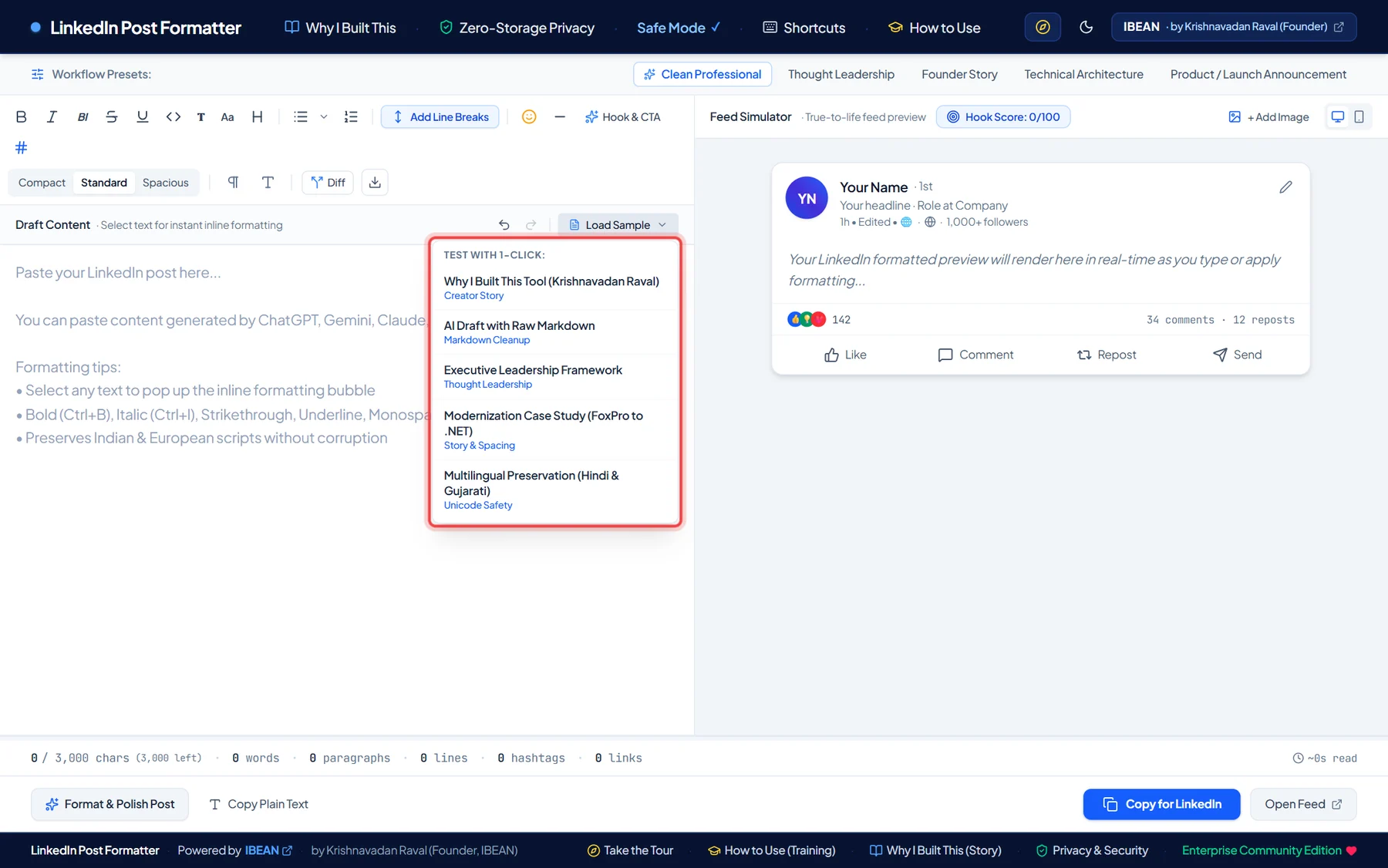 The Load Sample menu open with five sample posts