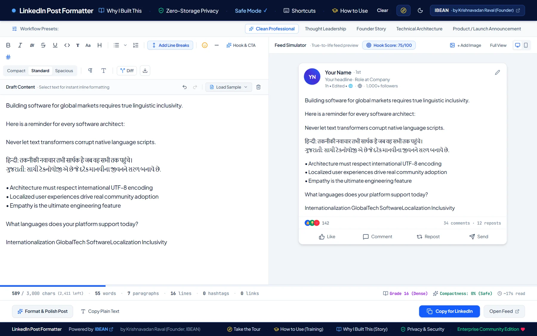 A post written in English, Hindi and Gujarati shown in editor and preview