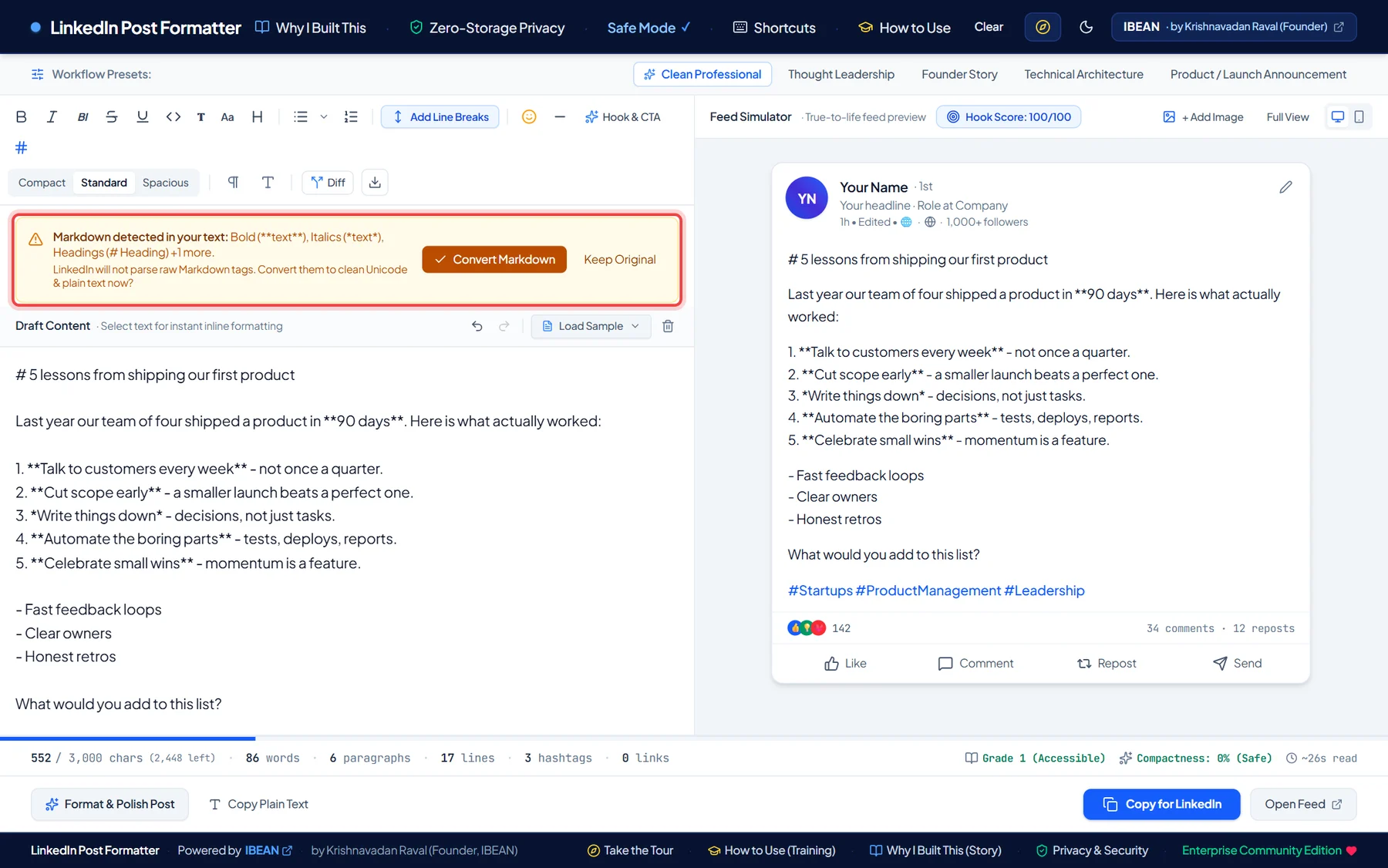 Amber banner saying Markdown detected with Convert Markdown button