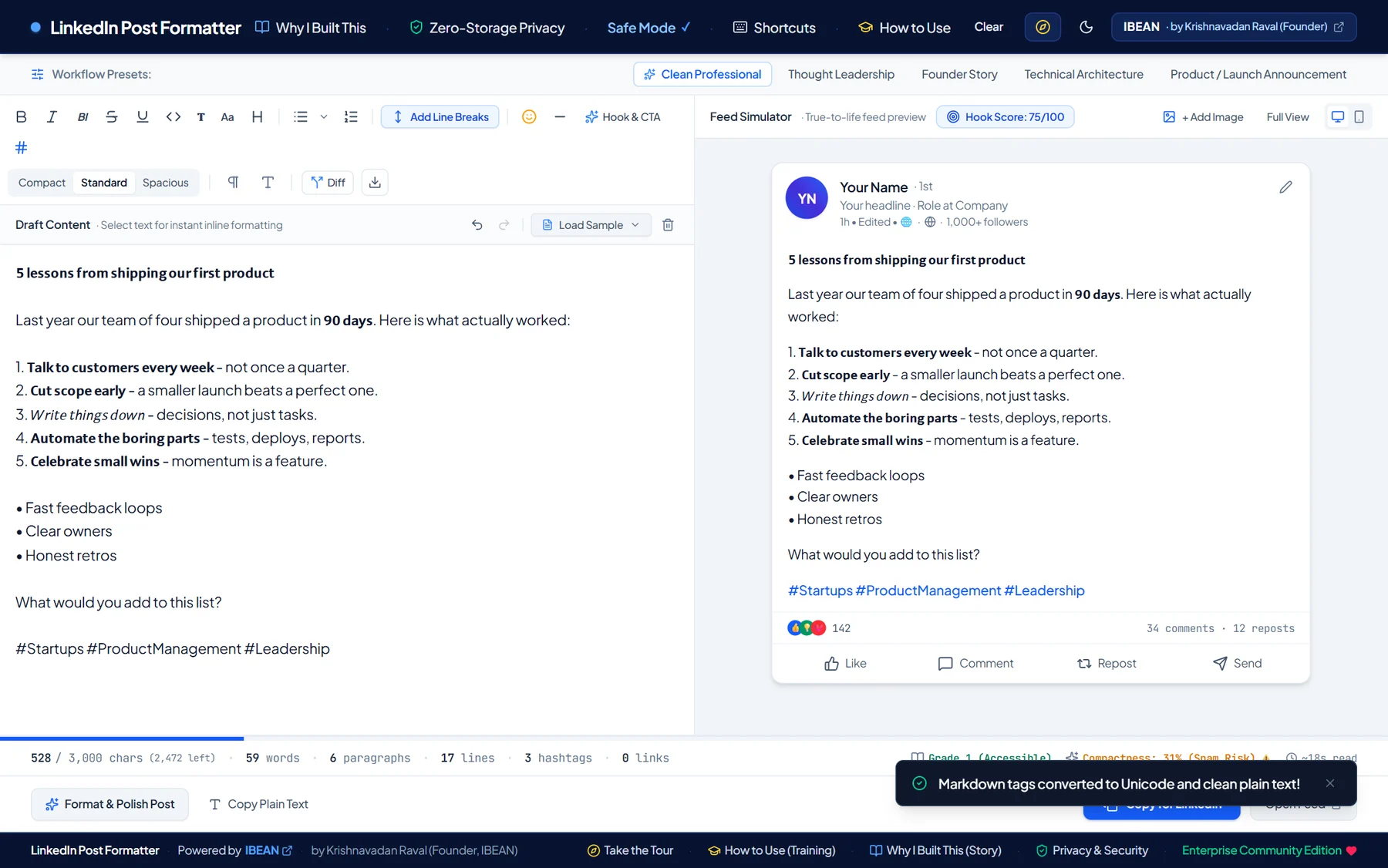 The same post after converting Markdown, with real bold text