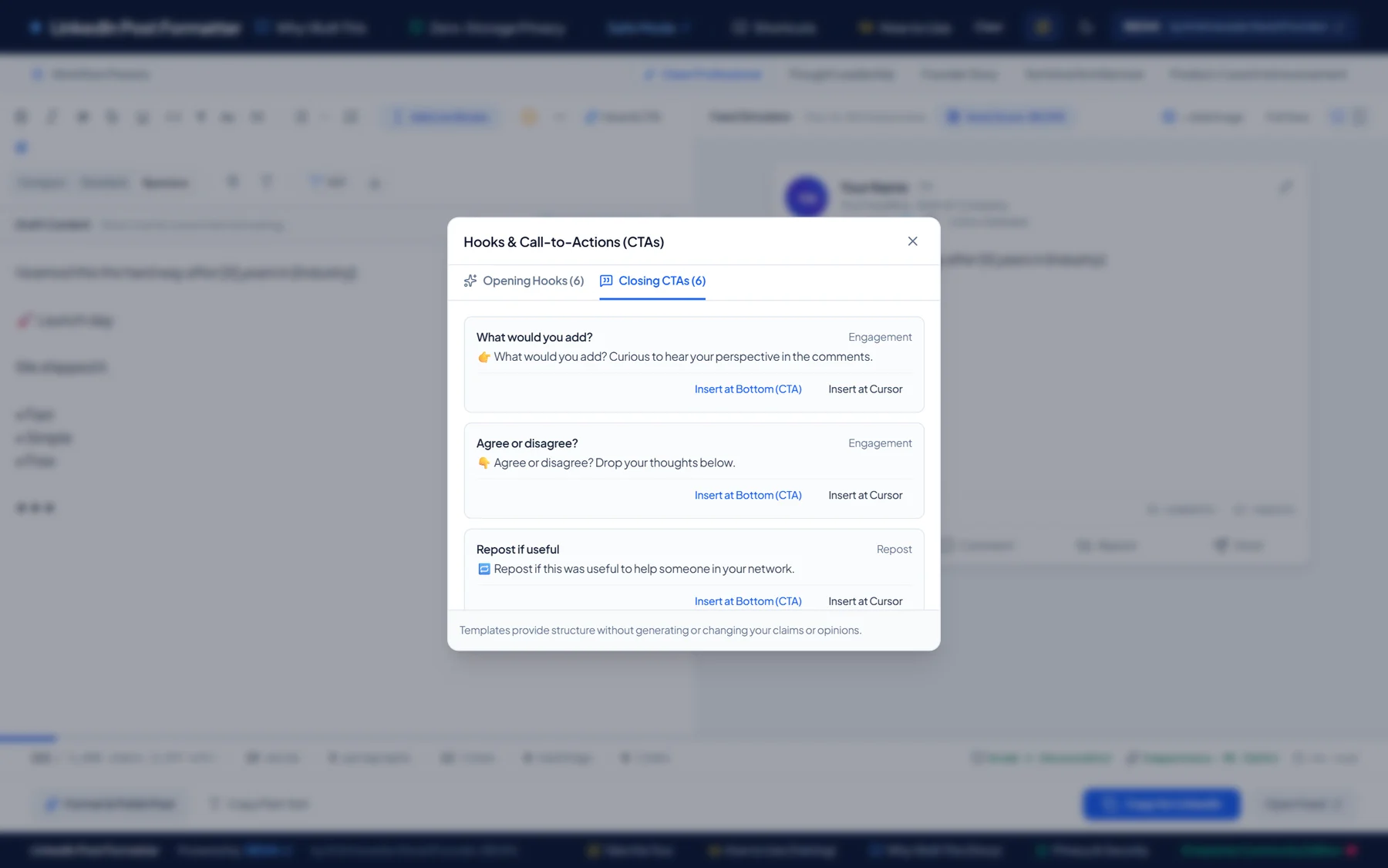The Hooks and CTA dialog showing closing calls to action