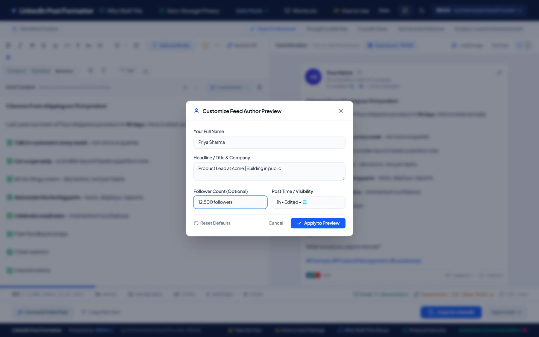 The Customize Feed Author Preview dialog with name and headline filled in