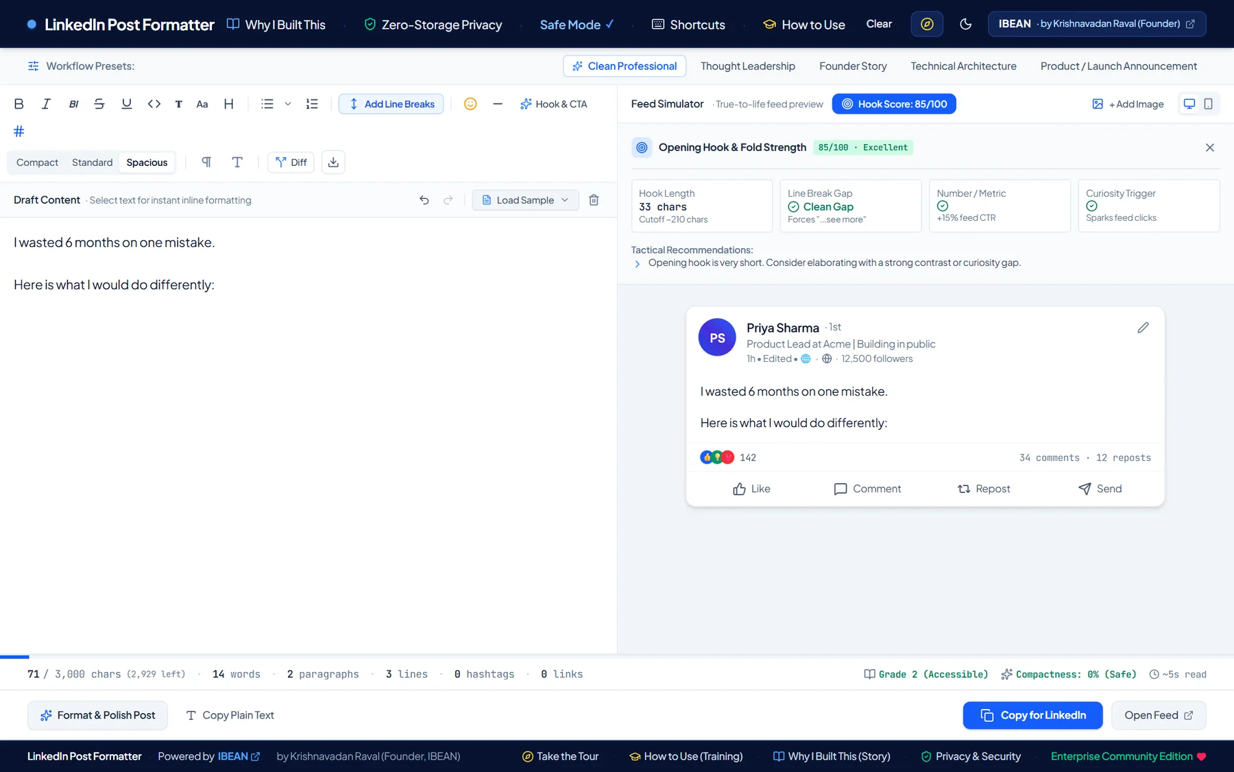 Hook analyzer showing a high score for a stronger opening line